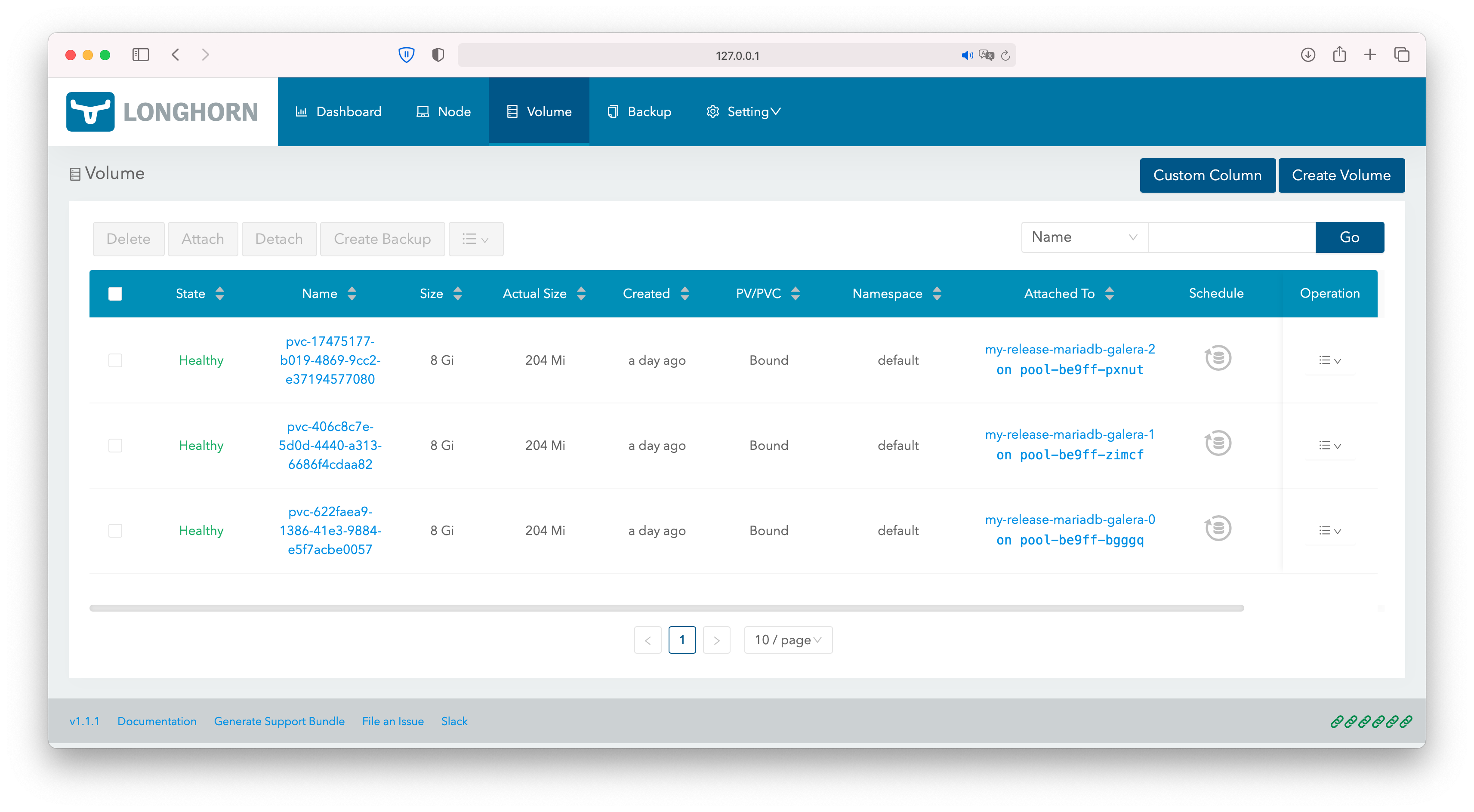 The MariaDB Volumes also show up in the Longhorn UI Volumes in the Longhorn UI