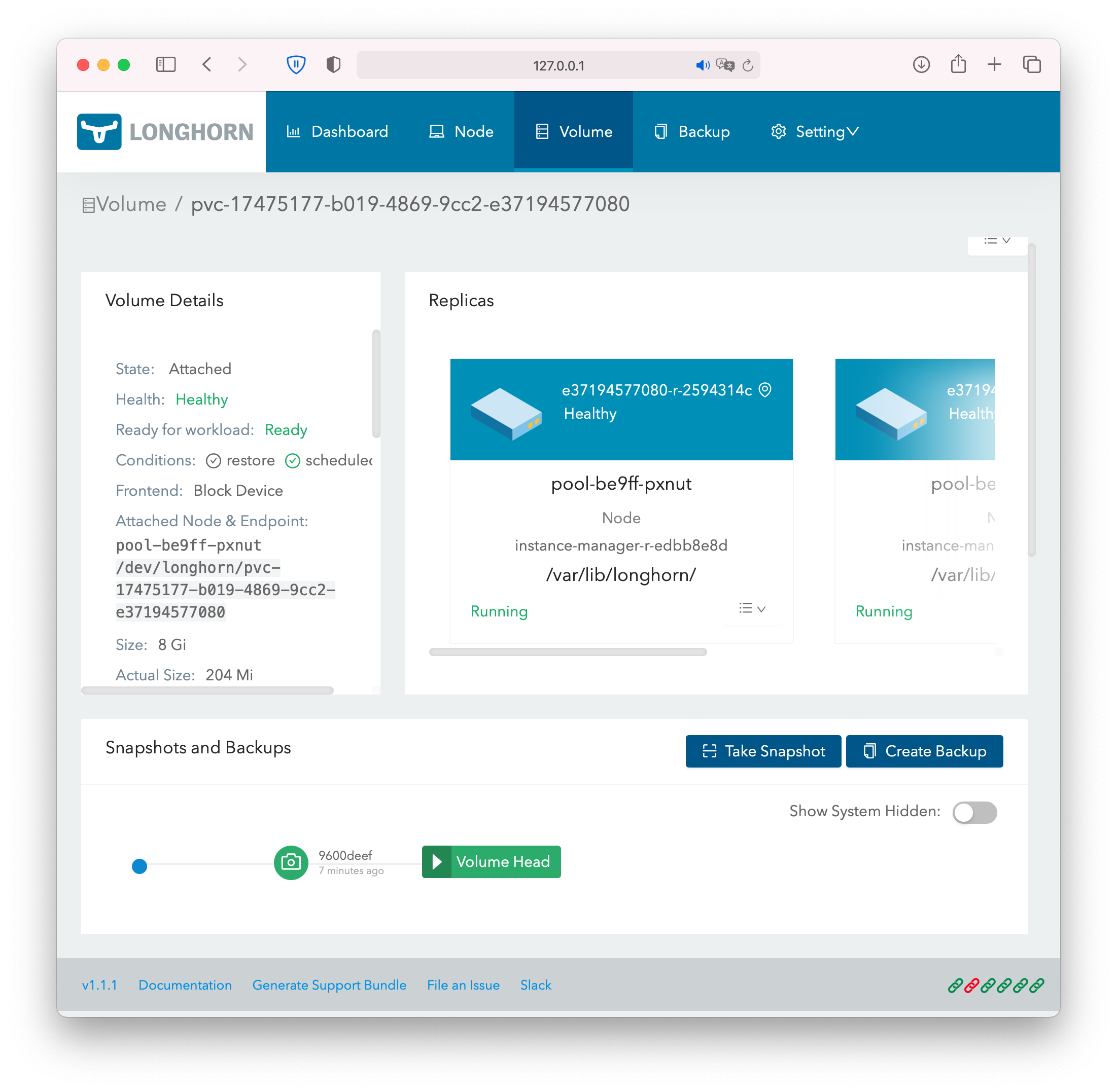 Overview of a Longhorn, with the possibility of creating backups Overview of a Longhorn Volume