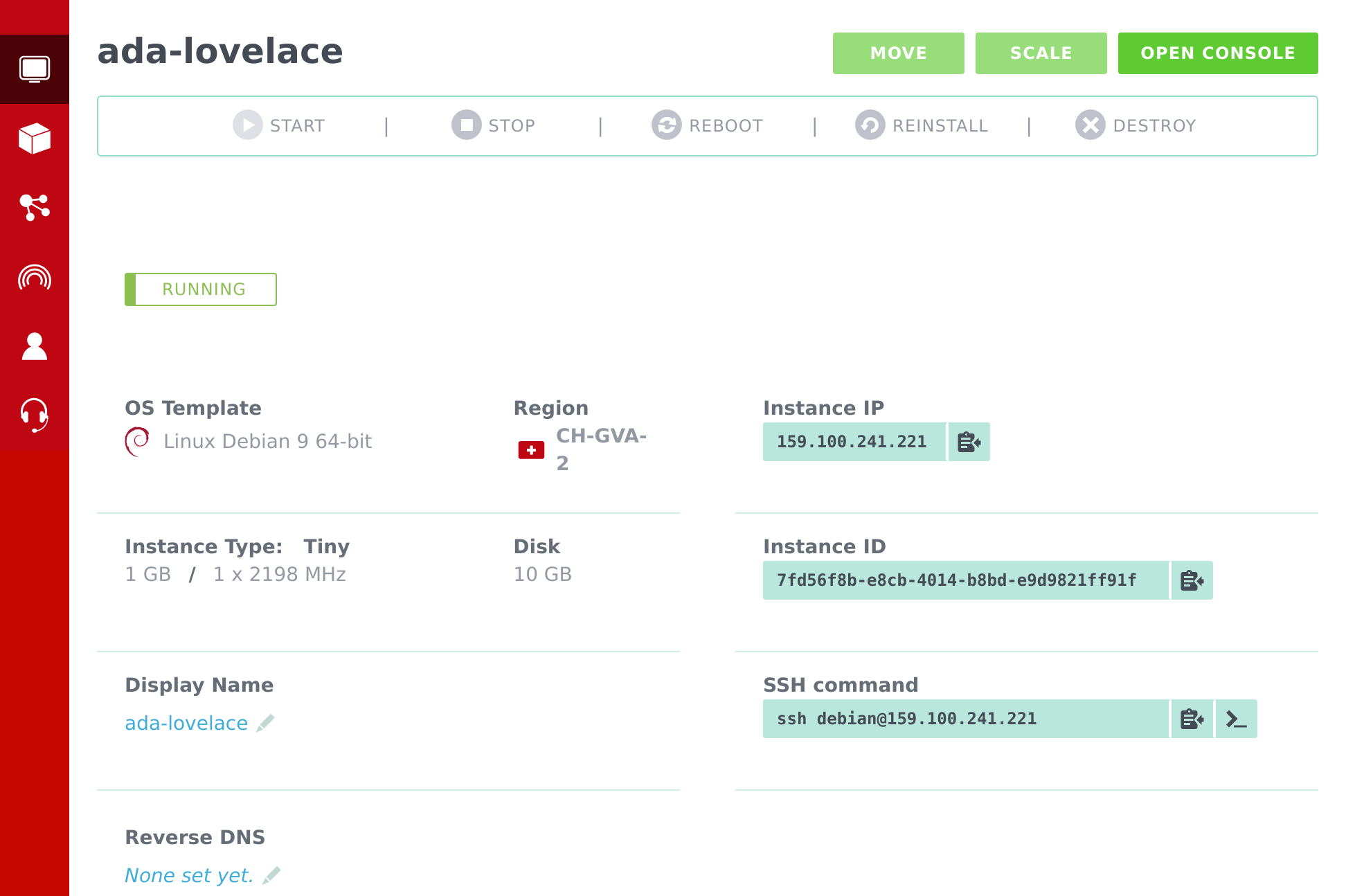 exoscale console showing the instance information